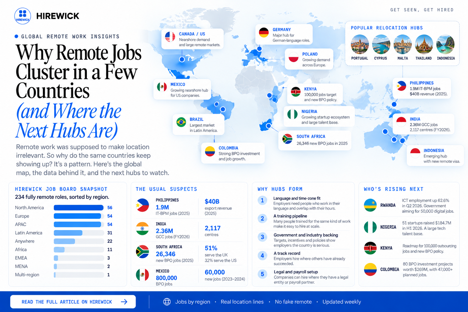 Hirewick infographic comparing global remote hiring hubs, relocation destinations, five reasons hubs form and a job board snapshot